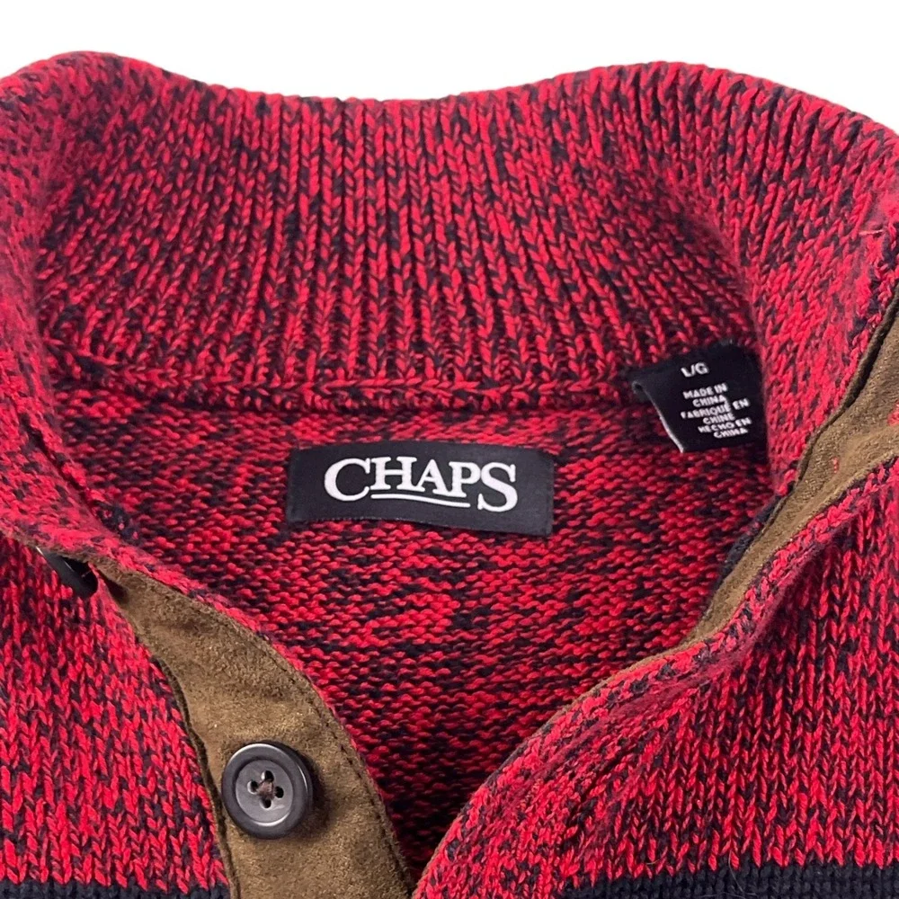 Chaps Men's Striped Button Mock‎ Neck Sweater Red Black White Cabin Core Large